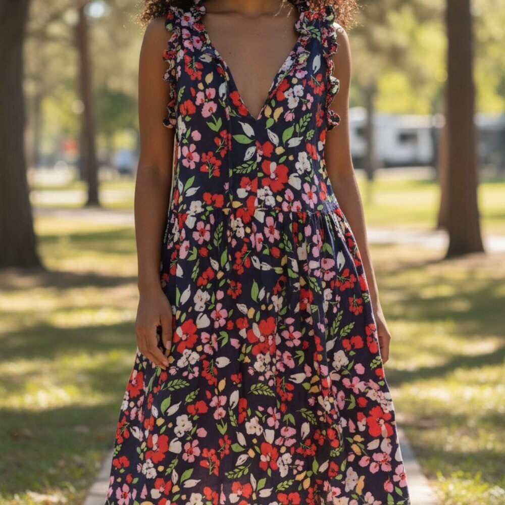 Maggy‎ London Navy Floral Dress Ruffled Sleeveless Pockets Sz 10